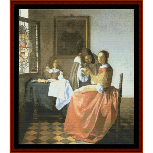 Counted Cross Stitch Pattern by Cross Stitch Collectibles of a classical painting showing two people in a room with a table and window.