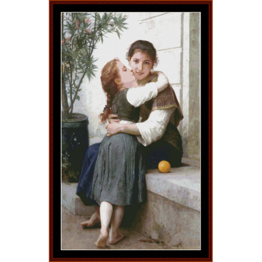 Counted Cross Stitch Pattern by Cross Stitch Collectibles -Two children embracing on a stone ledge with an orange and plant in the background