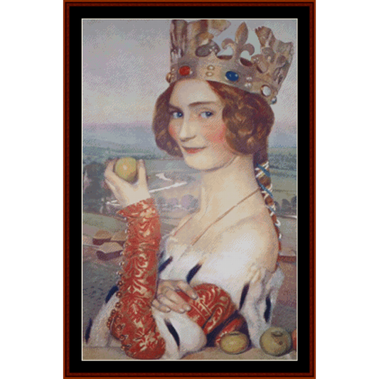 Vintage-style Counted Cross Stitch Pattern by Cross Stitch Collectibles of a woman holding an apple with a landscape background