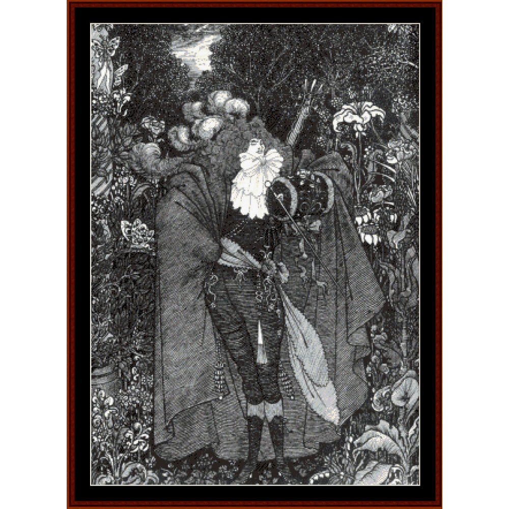 Black and white Counted Cross Stitch Pattern by Cross Stitch Collectiblesof a figure in a long coat holding a parasol amidst flowers
