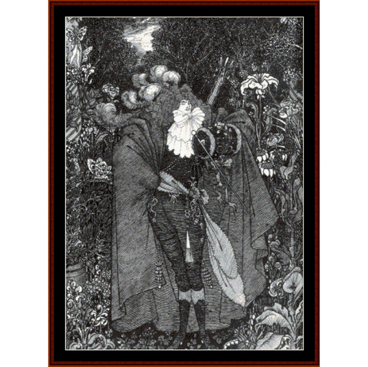 Black and white Counted Cross Stitch Pattern by Cross Stitch Collectiblesof a figure in a long coat holding a parasol amidst flowers