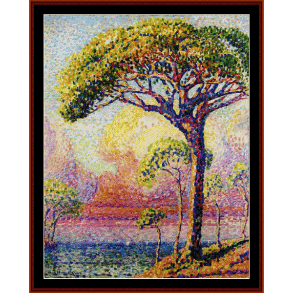 Colorful Counted Cross Stitch Pattern by Cross Stitch Collectibles of a tree with a sunset background