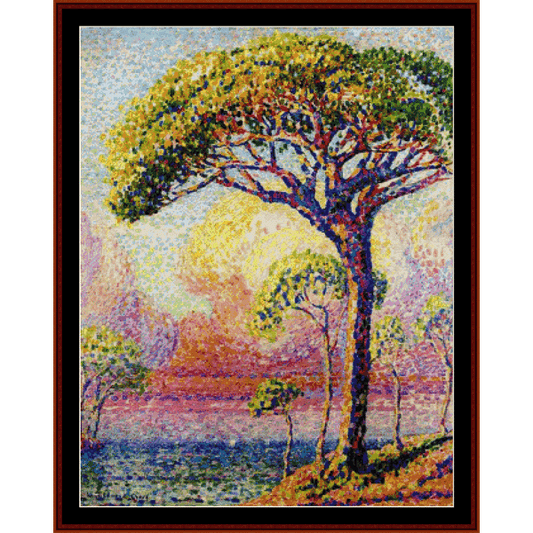 Colorful Counted Cross Stitch Pattern by Cross Stitch Collectibles of a tree with a sunset background