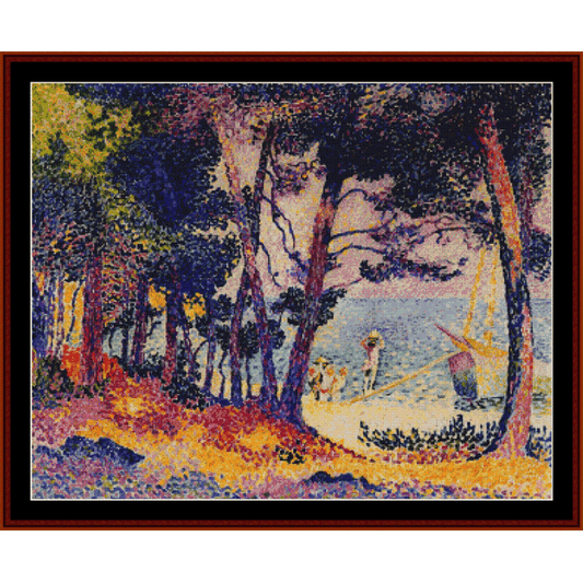 Pointillist Counted Cross Stitch Pattern by Cross Stitch Collectibles of a beach scene with people and trees