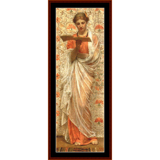 Counted Cross Stitch Pattern by Cross Stitch Collectibles of a classical woman holding a tablet against a floral patterned background