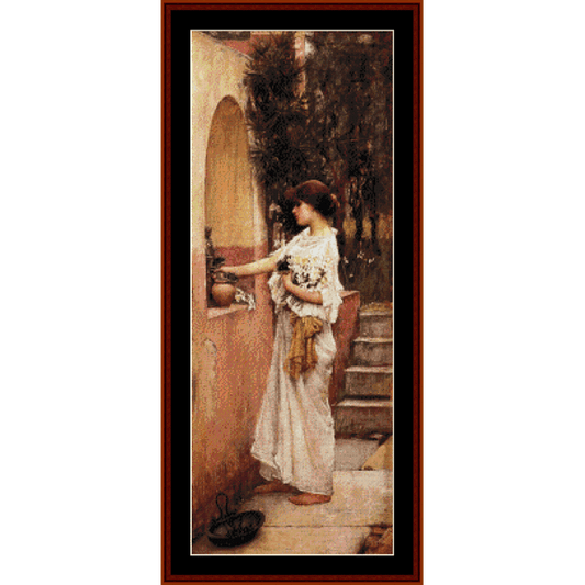 Vintage-style Counted Cross Stitch Pattern by Cross Stitch Collectibles of a woman in a white dress holding flowers, standing in a garden.