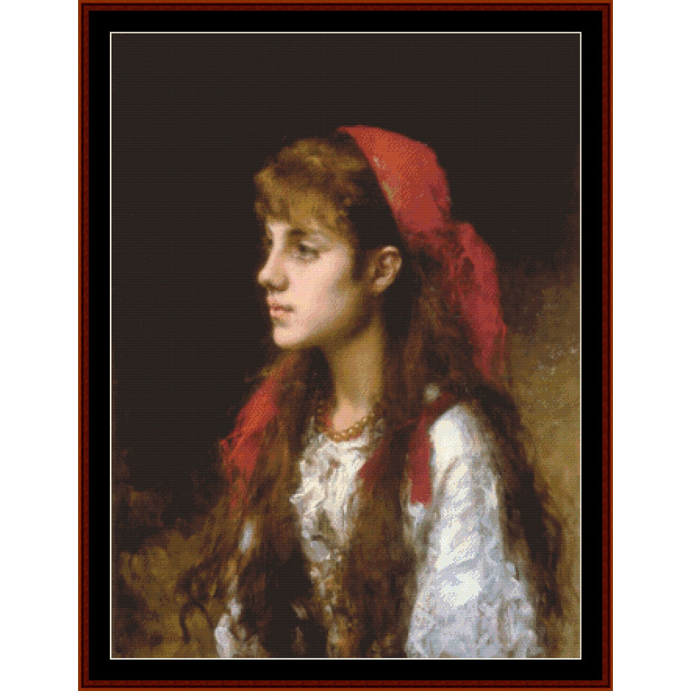 Counted Cross Stitch Pattern by Cross Stitch Collectibles of a woman with a red headscarf and white blouse