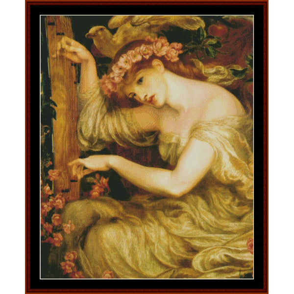 Counted Cross Stitch Pattern by Cross Stitch Collectibles of a woman with flowers in her hair, surrounded by nature elements.