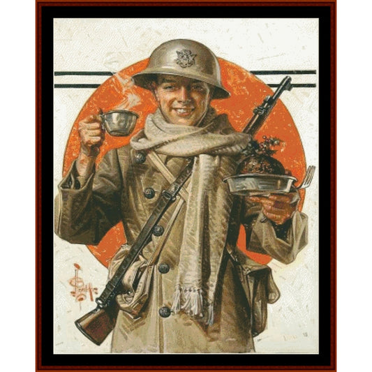 Counted Cross Stitch Pattern by Cross Stitch Collectibles of a soldier holding a cup and food, with a rifle over his shoulder, on a textured background.