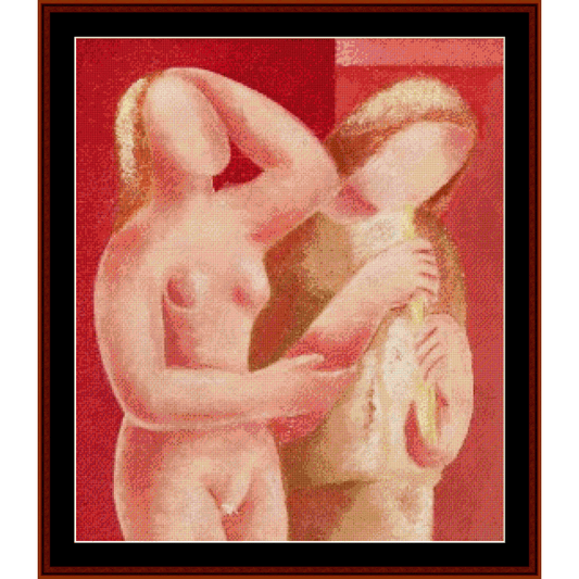 Counted Cross Stitch Pattern by Cross Stitch Collectibles of two nude figures on a red background