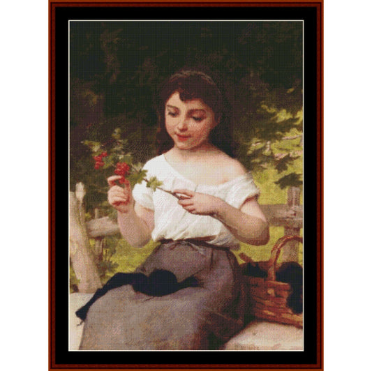 Counted Cross Stitch Pattern by Cross Stitch Collectibles of a young woman holding red berries in a garden setting