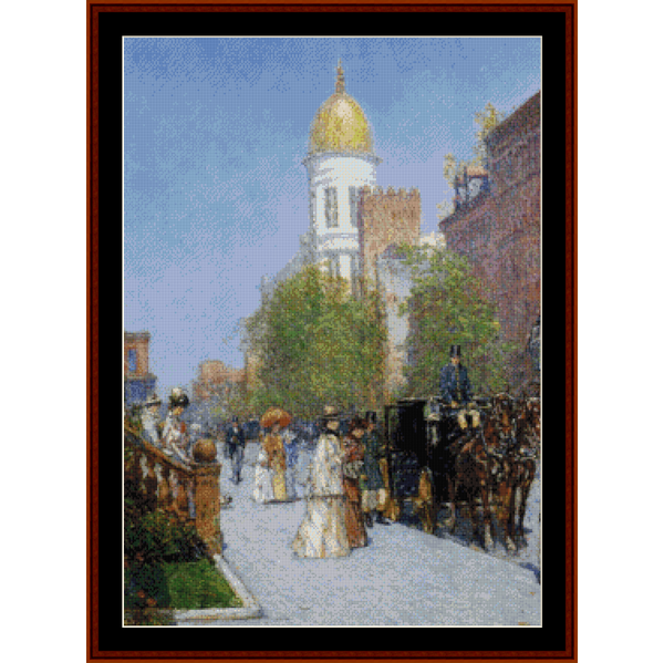 Counted Cross Stitch Pattern by Cross Stitch Collectibles of a city street scene with people and horse-drawn carriages, featuring a prominent building with a dome.