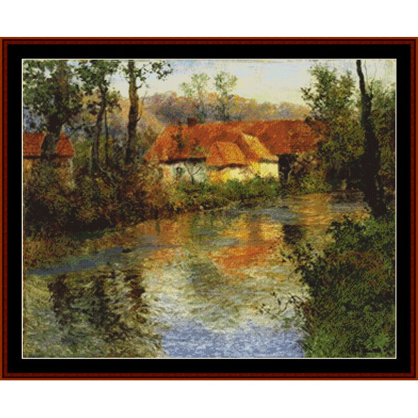 Counted Cross Stitch Pattern by Cross Stitch Collectibles of a village scene with houses by a river, surrounded by trees.