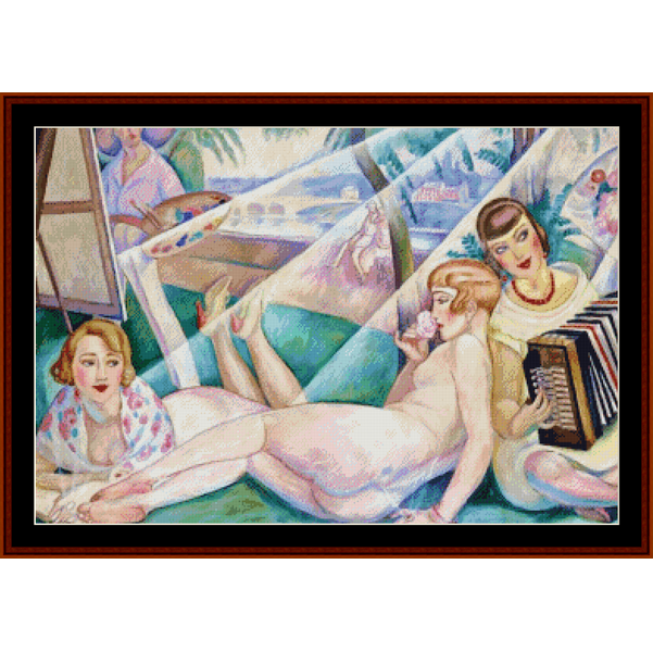 Counted Cross Stitch Pattern by Cross Stitch Collectibles of three women in a room with a painting and an accordion.