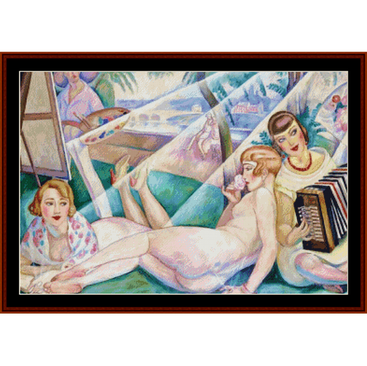 Counted Cross Stitch Pattern by Cross Stitch Collectibles of three women in a room with a painting and an accordion.