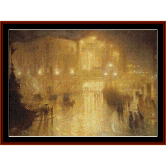 Counted Cross Stitch Pattern by Cross Stitch Collectibles of a cityscape at night with illuminated buildings.