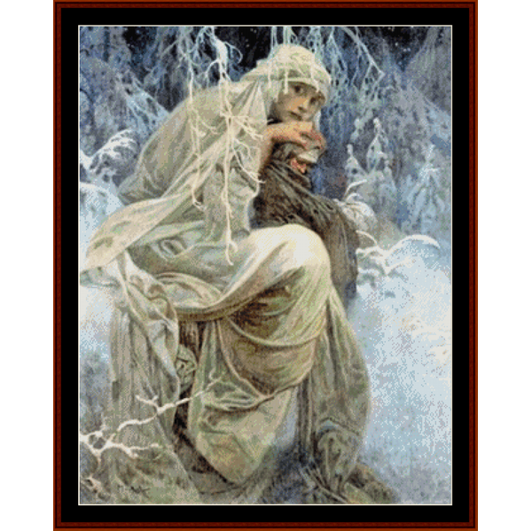 Counted Cross Stitch Pattern by Cross Stitch Collectibles of a figure in a snowy landscape with draped fabric.