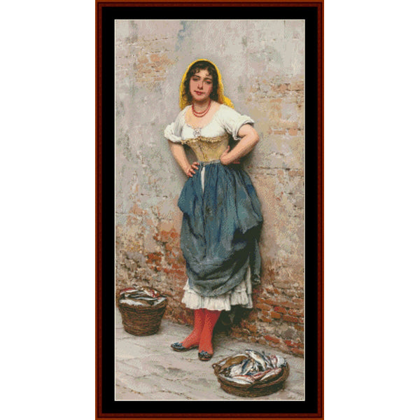 Counted Cross Stitch Pattern by Cross Stitch Collectibles of a woman standing against a brick wall with baskets on the ground.