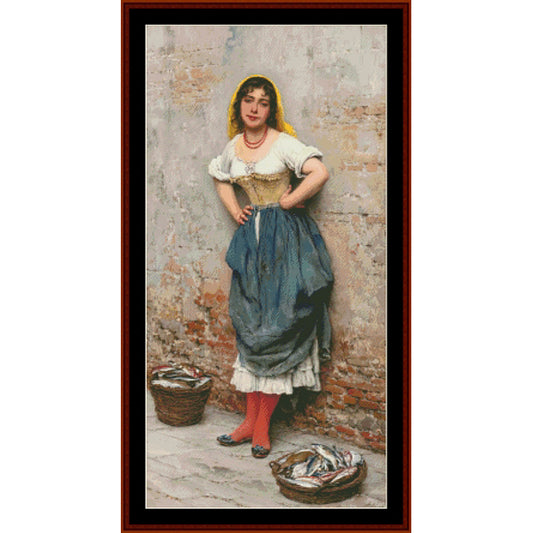 Counted Cross Stitch Pattern by Cross Stitch Collectibles of a woman standing against a brick wall with baskets on the ground.