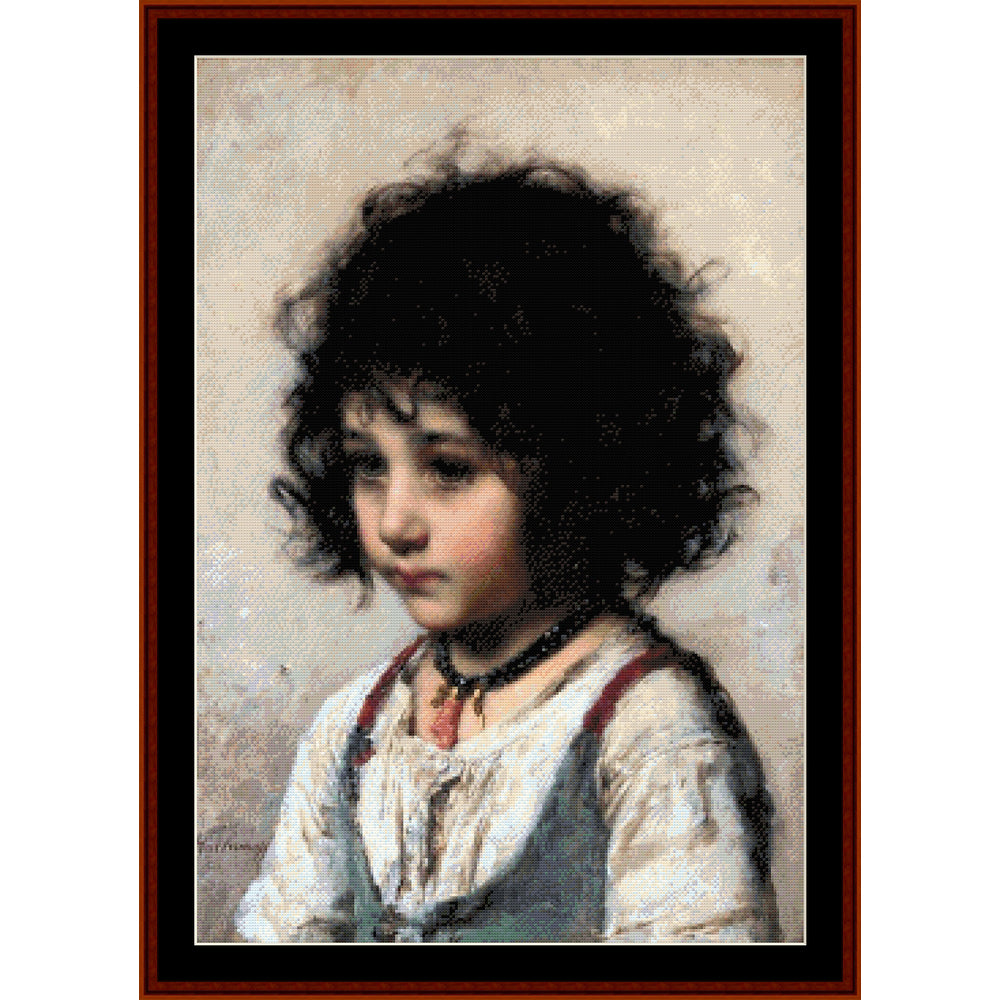 Counted Cross Stitch Pattern by Cross Stitch Collectibles of a young girl with dark hair and a white dress,