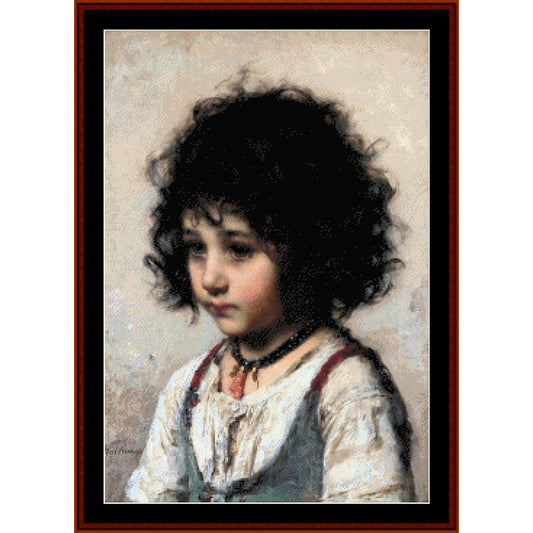 Counted Cross Stitch Pattern by Cross Stitch Collectibles of a young girl with dark hair and a white dress,