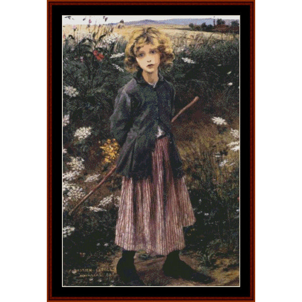 Counted Cross Stitch Pattern by Cross Stitch Collectibles of a young girl standing in a field with flowers