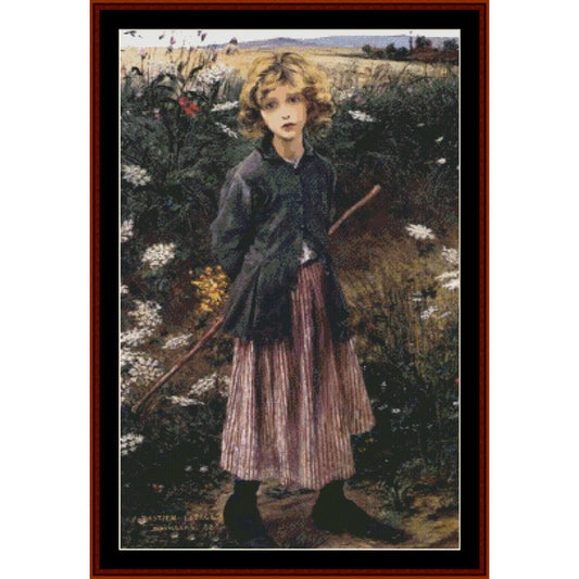 Counted Cross Stitch Pattern by Cross Stitch Collectibles of a young girl standing in a field with flowers