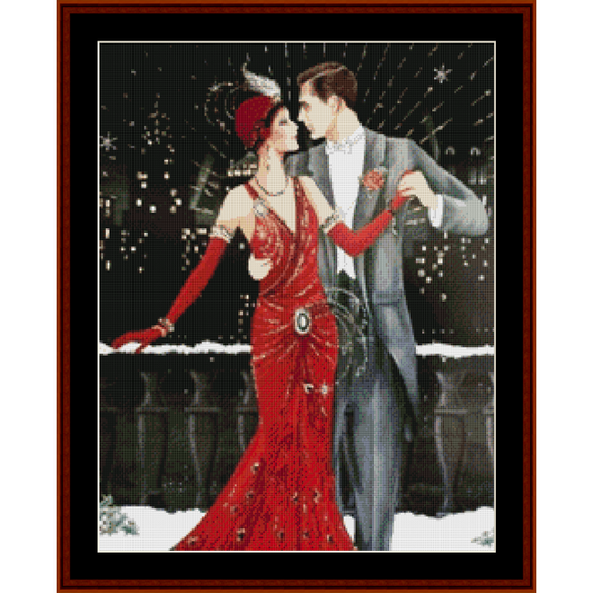 Counted Cross Stitch Pattern by Cross Stitch Collectibles of a couple in formal attire against a cityscape background