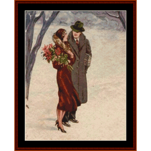 Vintage-style Counted Cross Stitch Pattern by Cross Stitch Collectibles of a couple in winter clothing with a woman holding flowers.