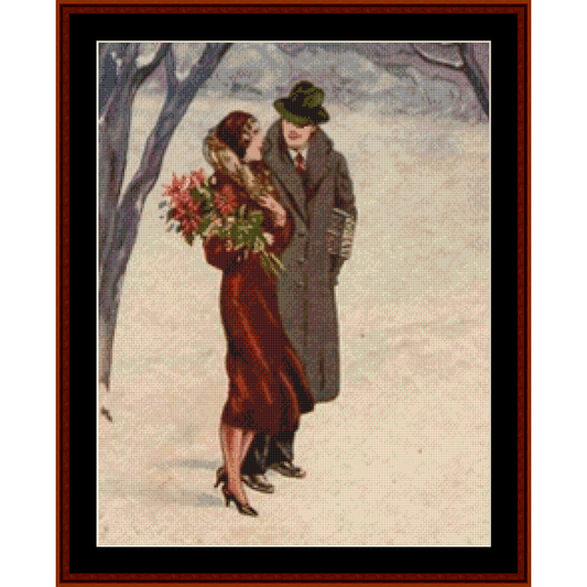 Vintage-style Counted Cross Stitch Pattern by Cross Stitch Collectibles of a couple in winter clothing with a woman holding flowers.