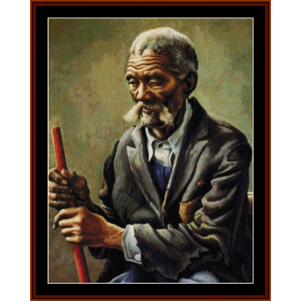 Counted Cross Stitch Pattern by Cross Stitch Collectibles of an elderly man holding a red cane against a textured background