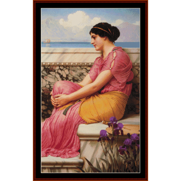 A Counted Cross Stitch Pattern by Cross Stitch Collectibles depicting a woman in ancient Greek attire seated by a fountain, with a view of the sea in the background.