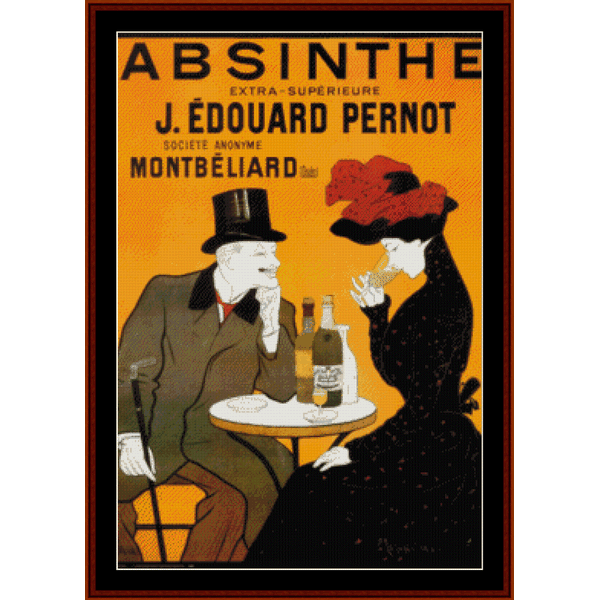 A Counted Cross Stitch Pattern by Cross Stitch Collectibles  depicting a vintage absinthe advertisement scene with a man and a woman at a table, with a bottle of absinthe and a glass on the table. 