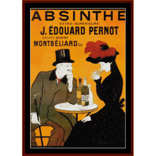 A Counted Cross Stitch Pattern by Cross Stitch Collectibles  depicting a vintage absinthe advertisement scene with a man and a woman at a table, with a bottle of absinthe and a glass on the table. 