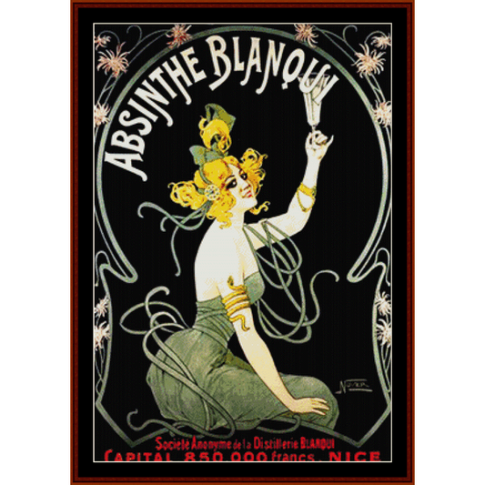 Counted Cross Stitch Pattern by Cross Stitch Collectibles titled 'Absinthe Blanqui' featuring a woman with a flower wreath and a butterfly, in a black, green, and yellow color scheme.
