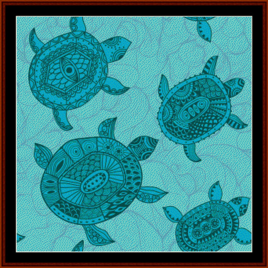 A Counted Cross Stitch Pattern by Cross Stitch Collectibles  depicting abstract turtles in blue shades on a textured background.
