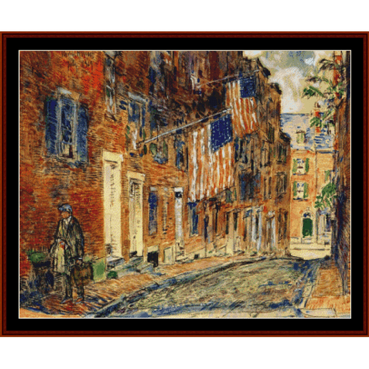 Counted Cross Stitch Pattern by Cross Stitch Collectibles depicting a street scene with buildings and a person standing on the sidewalk.