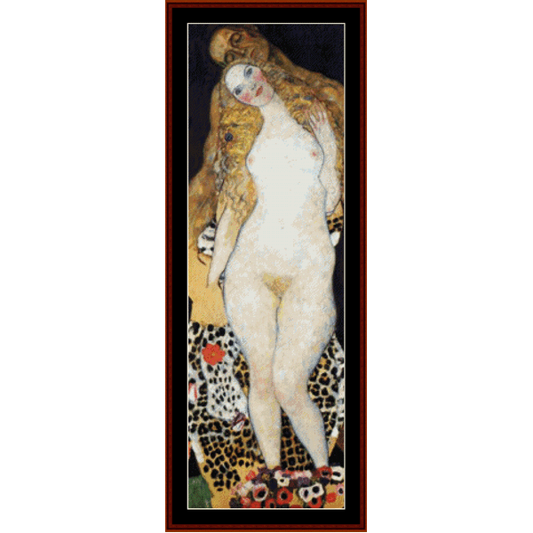 This image features a PDF cross stitch pattern by Cross Stitch Collectibles  inspired by Gustav Klimt's painting "Adam and Eve". The PDF includes a detailed, full-color representation of the artwork, emphasizing the intricate and vibrant design of the figures and the use of bold colors.
