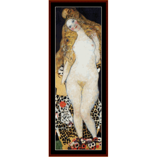 This image features a PDF cross stitch pattern by Cross Stitch Collectibles  inspired by Gustav Klimt's painting "Adam and Eve". The PDF includes a detailed, full-color representation of the artwork, emphasizing the intricate and vibrant design of the figures and the use of bold colors.