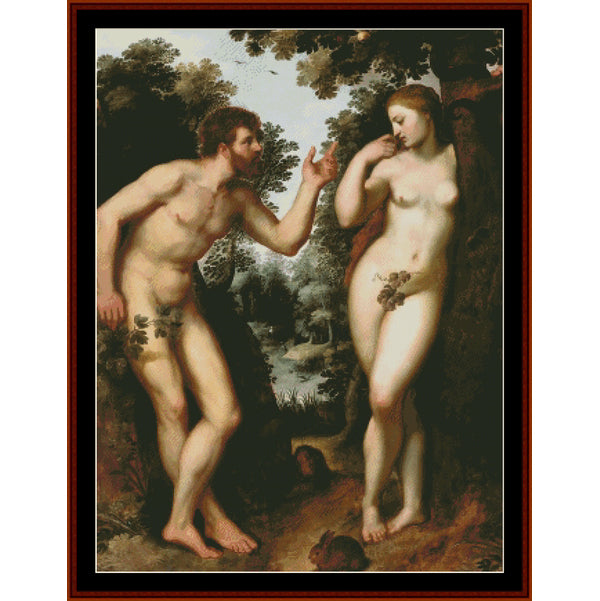 Counted Cross Stitch Pattern by Cross Stitch Collectibles of Adam and Eve in a forest setting