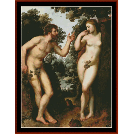 Counted Cross Stitch Pattern by Cross Stitch Collectibles of Adam and Eve in a forest setting
