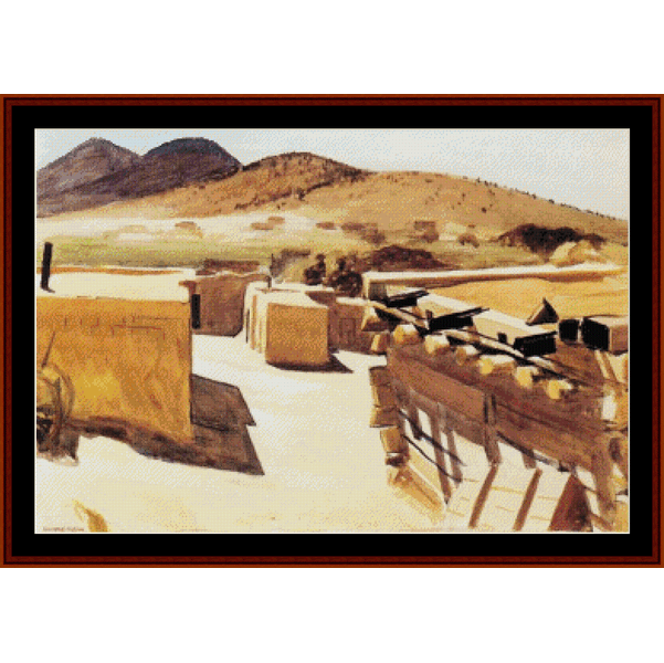 Counted Cross Stitch Pattern by Cross Stitch Collectibles - Desert landscape with mountains and a large rectangular object, possibly a monument or sculpture.