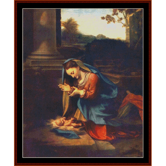 Counted Cross Stitch Pattern by Cross Stitch Collectibles of a woman in a blue robe kneeling beside a child, with a classical architecture background.