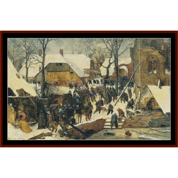 Counted Cross Stitch Pattern by Cross Stitch Collectibles - Winter landscape with village and people, possibly a battle scene