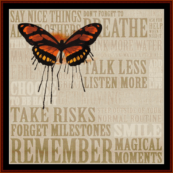 Counted Cross Stitch Pattern by Cross Stitch Collectibles depicting a butterfly with text background containing pieces of advice.
