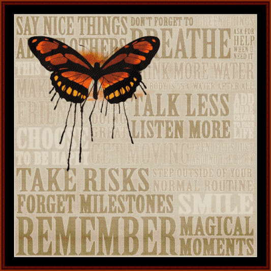 Counted Cross Stitch Pattern by Cross Stitch Collectibles depicting a butterfly with text background containing pieces of advice.