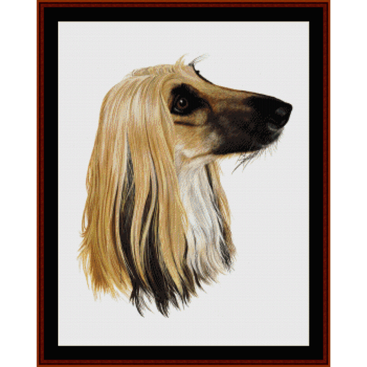 A Counted Cross Stitch Pattern by Cross Stitch Collectibles  depicting the head of a long-haired dog, an Afghan hound, in a black and white image.