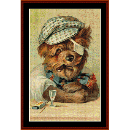 Counted Cross Stitch Pattern by Cross Stitch Collectibles  depicting a whimsical image of a dog wearing a hat and monocle, sitting at a table with a glass of wine.
