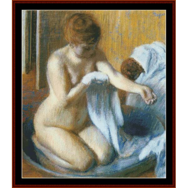 Counted Cross Stitch Pattern by Cross Stitch Collectibles of a woman in a bathtub with a towel