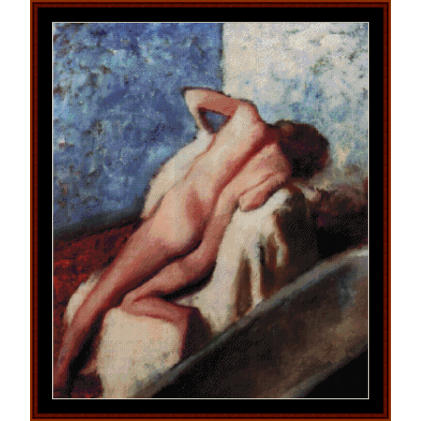 Counted Cross Stitch Pattern by Cross Stitch Collectibles  depicting a nude figure lying on a surface, with a stylized and simplified artistic style.